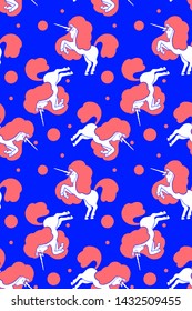 Vector fashion seamless pattern of magic white unicorn with red mane and horn reared up on blue background with dots. Flat style design for unicorn poster, print, textile, invitation, greeting card