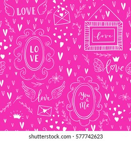 Vector fashion seamless pattern on Happy Valentines Day. Doodle style