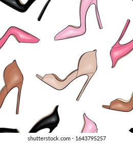 Vector fashion seamless pattern with shoes. Hand drawn fashion high-heeled pink, beige and black shoes. Isolated on white background.