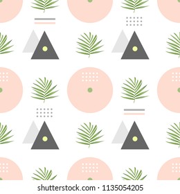 Vector fashion seamless pattern. Stylish geometric background with palm leaves. Summer boho chic texture in memphis style.