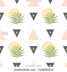 Vector fashion seamless pattern. Stylish geometric background with palm leaves. Summer boho chic texture in memphis style.