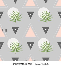 Vector fashion seamless pattern. Stylish geometric background with palm leaves. Summer boho chic texture in memphis style. Exotic, tropical design.