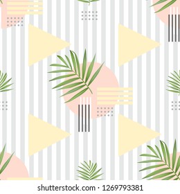 Vector fashion seamless pattern. Stylish geometric background with palm leaves. Summer boho chic texture in memphis style. Exotic, tropical design.
