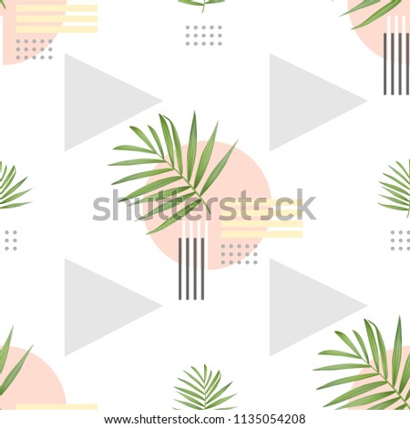Vector fashion seamless pattern. Stylish geometric background with palm leaves. Summer boho chic texture in memphis style.