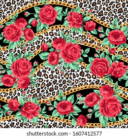 Vector fashion seamless trendy pattern with red rose flowers, gold chains and leopard fur. Animal skin print and glamour jewelry on floral background 