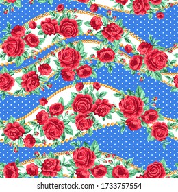 Vector fashion seamless trendy pattern with red rose flowers and gold chains. Floral texture and glamour jewelry on polka dots blue background 