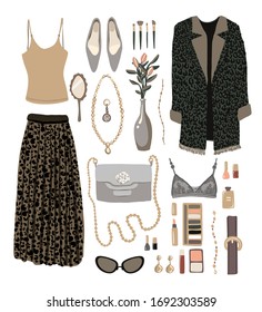 Vector fashion set of clothes. Fashionable image elements. Skirt, shoes, belt, cosmetics, jewelry. Beige, green, brown gamma. Elements for design.