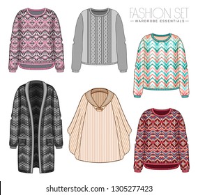 Vector Fashion Set Of Knitted Wool Woman Clothes. Casual Warm Outfit Collection With Sweater, Cardigan, Cape, Jumper And Jacket