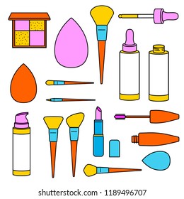 Vector fashion set. Makeup tools: blush, brow, powder brushes; dropped bottles of foundation; shadow palette, lipstick, mascara, droblet sponge. Pink, yellow, blue, orange colors. Cartoon flat style