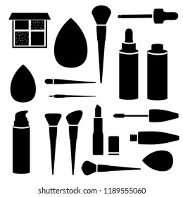 Vector fashion set. Makeup tools: blush, brow, powder brushes; dropped bottles of foundation; shadow palette; lipstick; volume mascara; droblet sponge. Black silhouettes, white background