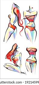 
VECTOR fashion Set with a
stylish  original hand-drawn graphics sketch graphic with beautiful young girl model in bikini for design beauty logo 