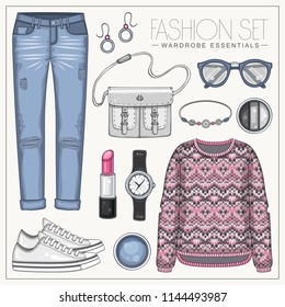 Vector fashion set of woman clothes and accessories. Casual outfit with sweater, sneakers and jeans 