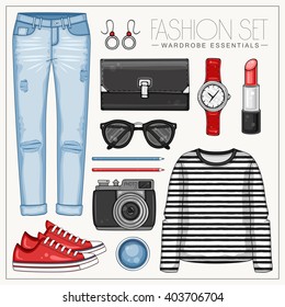 Vector fashion set of woman's clothes and accessories. Casual outfit with jeans, frock top and sneakers