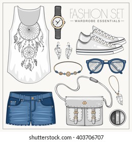 Vector fashion set of woman's clothes and accessories. Casual outfit with jeans shorts, top and sneakers