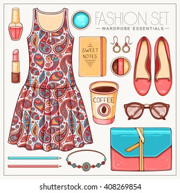 Vector fashion set of woman's clothes and accessories. Casual coral and turquoise outfit with paisley dress and clutch