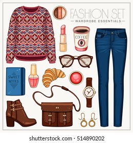 Vector fashion set of woman's clothes and accessories. Casual outfit with sweater and jeans