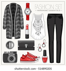 Vector fashion set of woman's clothes and accessories. Casual outfit with cardigan and trousers
