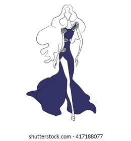 Vector fashion sketch. Beautiful model walking on runway in long blue dress with high cut and transparent chiffon insets. Skinny body silhouette, long hair, high heels. Haute couture fashion show 