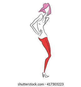 Vector fashion sketch. Beautiful model posing for fashion magazine photoshooting in white shirt and red narrow trousers, boots. Casual style. Skinny body silhouette. Haute couture fashion show 