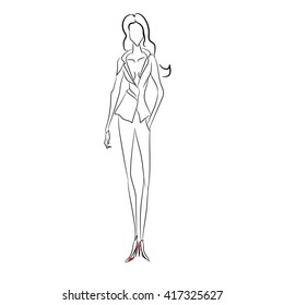 Vector fashion sketch. Beautiful model walking on runway in business style suit with v-shaped decollete and narrow trousers, classic red shoes. Skinny body silhouette. Haute couture fashion show 