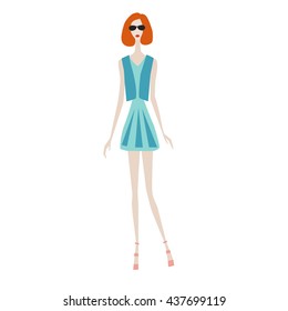 Vector fashion sketch. Beautiful model walking on runway in short skirt and jacket. Girl on vocation in sun glasses. Skinny body silhouette, high heels. Haute couture fashion show. Poster, banner