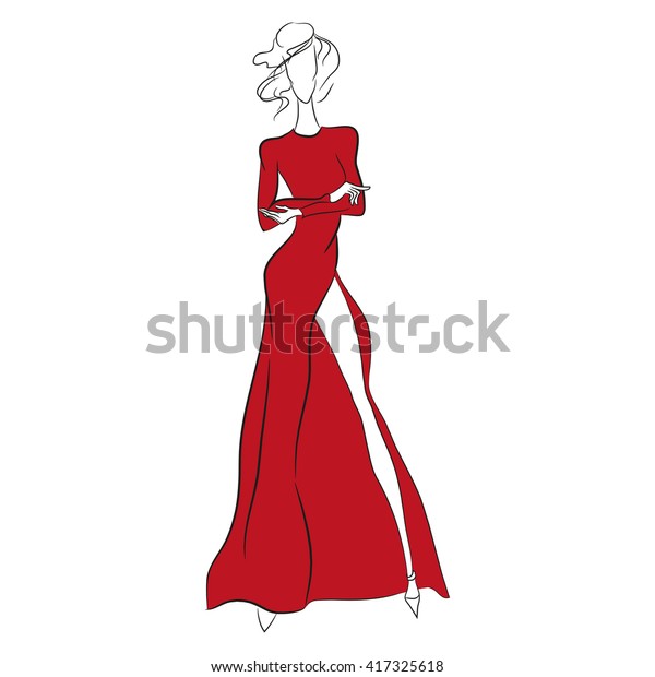 Vector fashion sketch. Beautiful model standing in long\
gorgeous red dress with high cut, long sleeves. Skinny body\
silhouette isolated on white background, high heels. Haute couture\
fashion show 