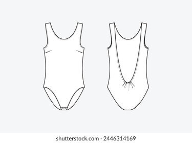 Vector fashion sketch bodystocking, woman body stocking technical drawing, fashion CAD, flat, template, sleeveless bodystocking. Body with front, back view, white color