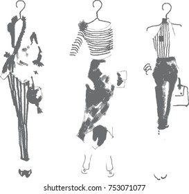 vector fashion sketch design with models wearing black and white dresses pattern.fashion painting