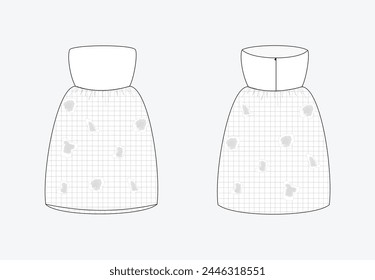 Vestido de Vector, dibujo técnico de vestir de mujer, diseño de moda CAD, plano, Plantilla, vestido sin mangas, vestido de cuello sin tirantes con frente, vista posterior, color blanco