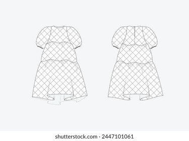 Vestido de sketch de Vector, dibujo técnico de vestido de mujer, diseño CAD de moda, plano, Plantilla, vestido acolchado. Vestido acolchado con vista frontal, posterior, color blanco