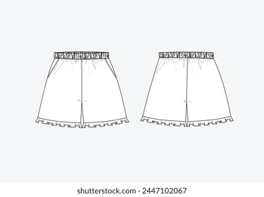 Vector fashion sketch dress, woman's shorts technical drawing, kids shorts, fashion CAD, flat, template, shorts. Shorts with front, back view, white color
