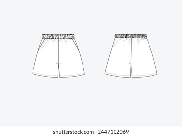 Vector fashion sketch dress, woman's shorts technical drawing, kids shorts, fashion CAD, flat, template, shorts. Shorts with front, back view, white color