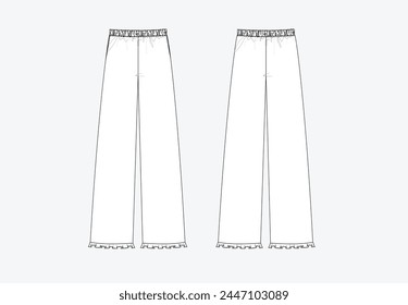 Vestido de sketch de Vector, dibujo técnico de pantalones de mujer, CAD de moda, plano, Plantilla, pantalones con volantes en el dobladillo inferior. Pantalones detallados con vista frontal, posterior, color blanco