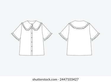Vector fashion sketch dress, woman's shirt technical drawing, fashion CAD, flat, template, short sleeved shirt. Big collar shirt with front, back view, white color