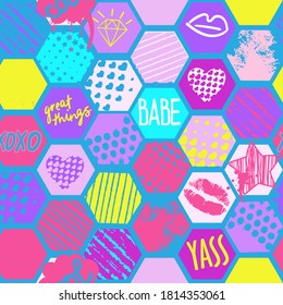 Vector fashion sketch. Glamour seamless  abstract pattern with geometric elements, hearts, star, spots. Print for girl