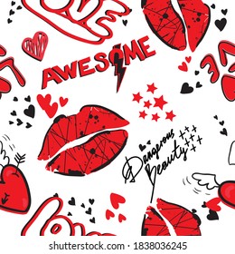 Vector fashion sketch. Glamour seamless pattern with red lips, xoxo, hearts.Girlish print for clothes, textiles, wrapping paper, web. Isolated elements on white background