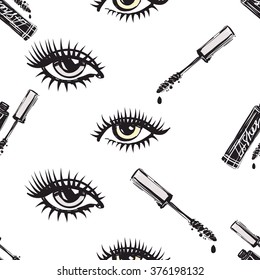 Vector fashion sketch. Hand drawn graphic eye and mascara. Contrasty glamour fashion seamless pattern in vogue style. Isolated elements on white background