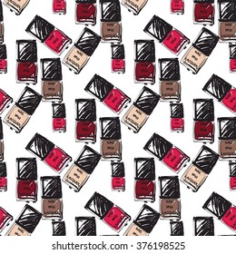 Vector fashion sketch. Hand drawn graphic brand nailpolish, nailpolish, enamel. Contrasty glamour fashion seamless pattern in vogue style. Isolated elements on white background