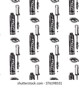 Vector fashion sketch. Hand drawn graphic eye, mascara, nailpolish, enamel. Contrasty glamour fashion seamless pattern in vogue style. Isolated elements on white background