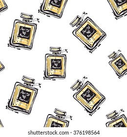 Vector fashion sketch. Hand drawn graphic cologne. Contrasty glamour fashion seamless pattern in vogue style. Isolated elements on white background