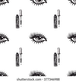 Vector fashion sketch. Hand drawn graphic eye, mascara, nailpolish, enamel. Contrasty glamour fashion seamless pattern in vogue style. Isolated elements on white background