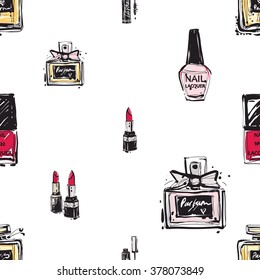 Vector fashion sketch. Hand drawn graphic lacquer, nailpolish, parfume, perfume, cologne. Contrasty glamour fashion seamless pattern in vogue style. Isolated elements on white background