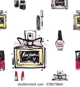 Vector fashion sketch. Hand drawn graphic lacquer, nailpolish, parfume, perfume, cologne. Contrasty glamour fashion seamless pattern in vogue style. Isolated elements on white background