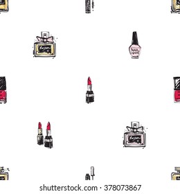 Vector fashion sketch. Hand drawn graphic lacquer, nailpolish, parfume, perfume, cologne. Contrasty glamour fashion seamless pattern in vogue style. Isolated elements on white background