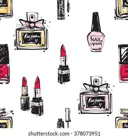 Vector fashion sketch. Hand drawn graphic lacquer, nailpolish, parfume, perfume, cologne. Contrasty glamour fashion seamless pattern in vogue style. Isolated elements on white background