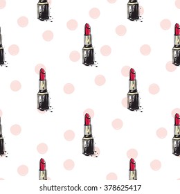 Vector fashion sketch. Hand drawn graphic red stick, red lip, lip. Contrast glamour fashion seamless pattern in vogue style. Isolated elements on white background