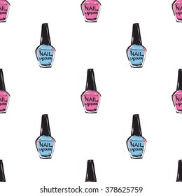 Vector fashion sketch. Hand drawn graphic varnish, lacquer, nail polish, enamel. Contrast glamour fashion seamless pattern in vogue style. Isolated elements on white background