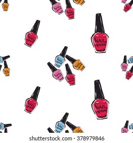 Vector fashion sketch. Hand drawn graphic nail polish, enamel, nailpolish. Contrasty glamour fashion seamless pattern in vogue style. Isolated elements on white background