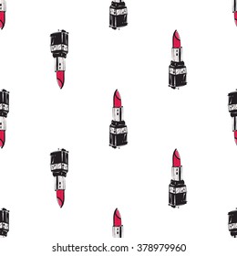 Vector fashion sketch. Hand drawn graphic lipstick. Contrasty glamour fashion seamless pattern in vogue style. Isolated elements on white background