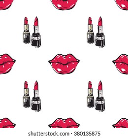 Vector fashion sketch. Hand drawn graphic red lip, couple lipstick. Contrast glamour fashion seamless pattern in vogue style. Isolated elements on white background